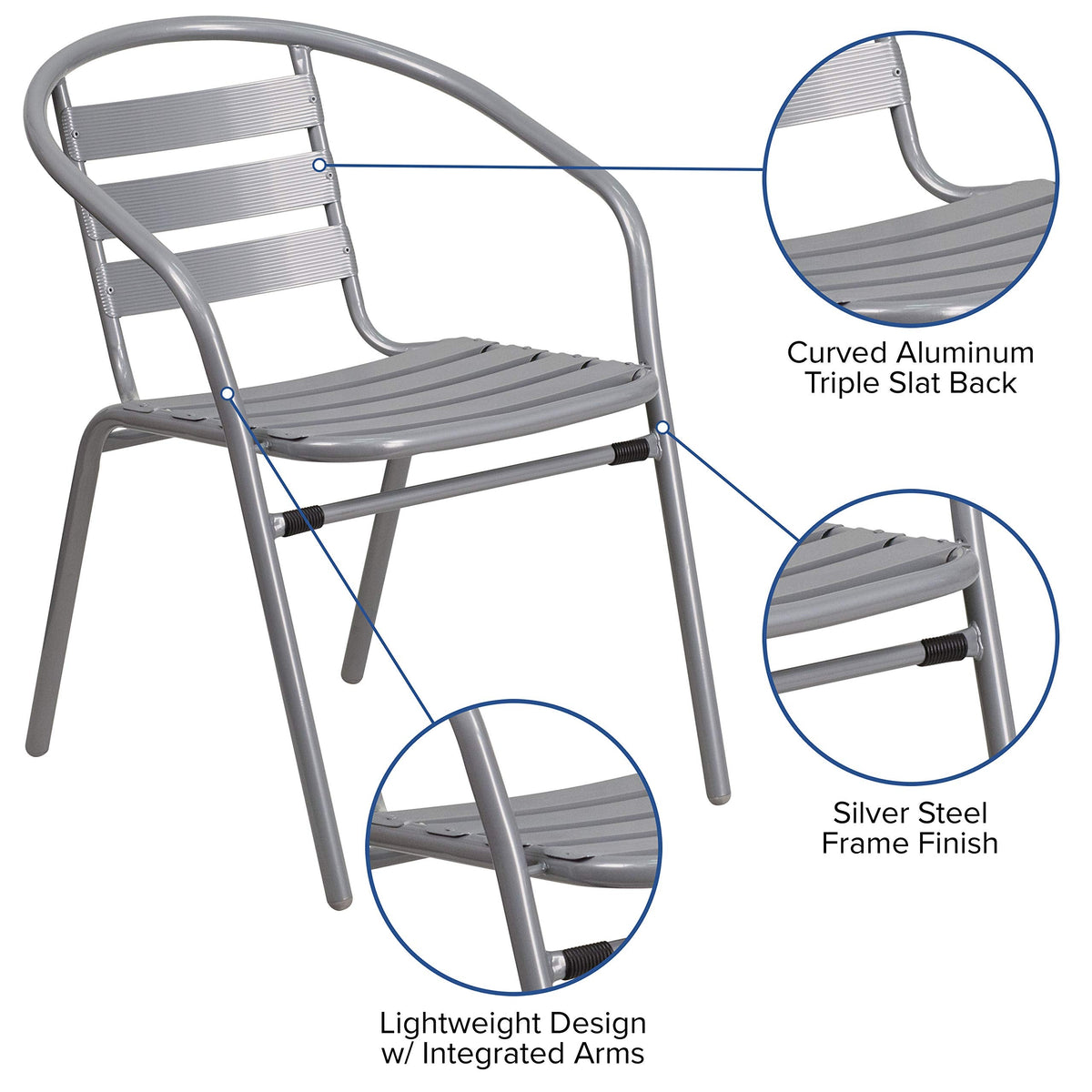 Flash Furniture TLH-0732SQ-017CSV4-GG Lila 31.5'' Square Glass Table with 4 Metal Aluminum Slat Stack Chairs, Silver