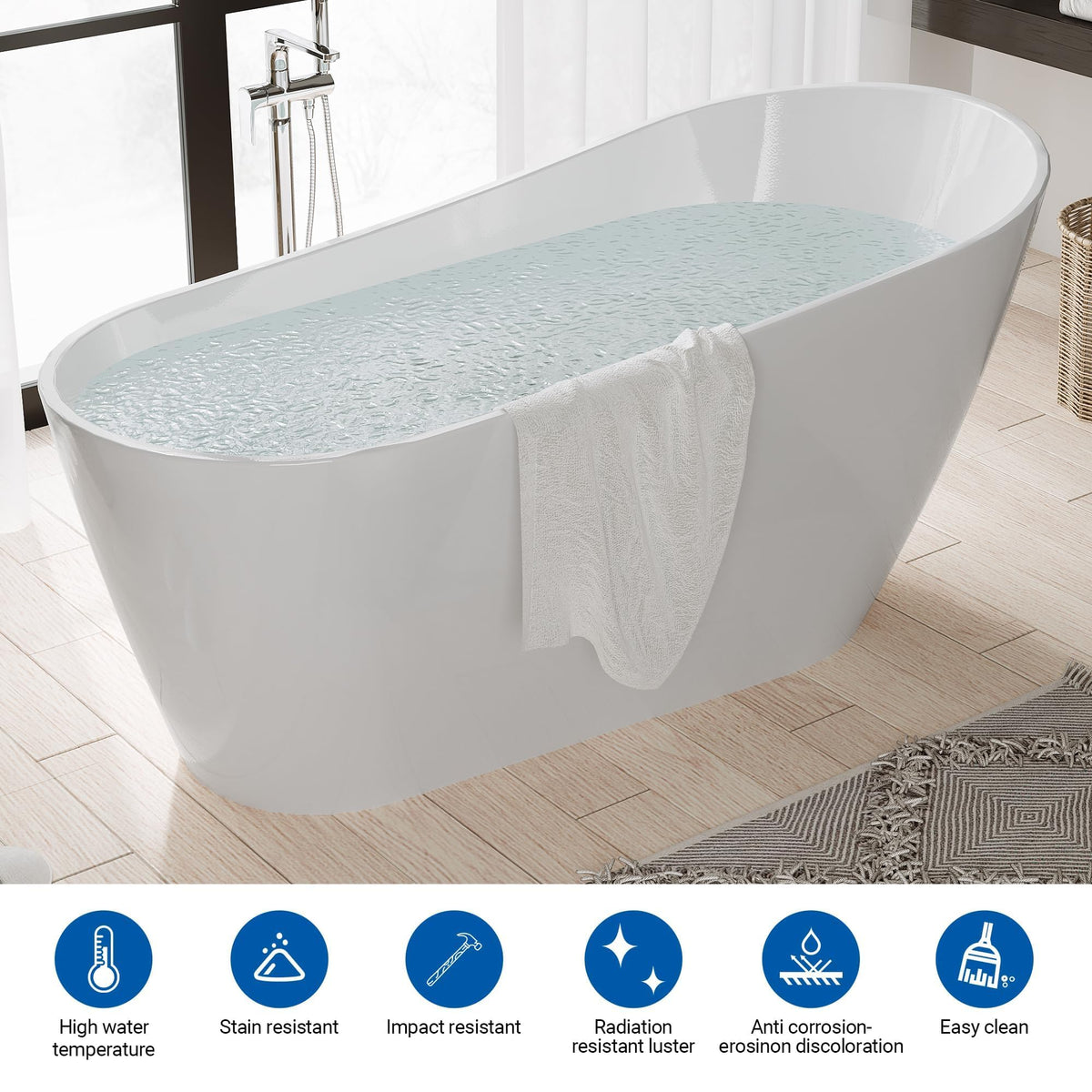 GarveeHome 67'' Acrylic Freestanding Bathtub, Deep Soaking Tub, Non-Slip Upright Bathtub for Adults, cUPC Certified Bath, Chrome Drain, Modern, Bathroom, Scratch Resistant White Tub