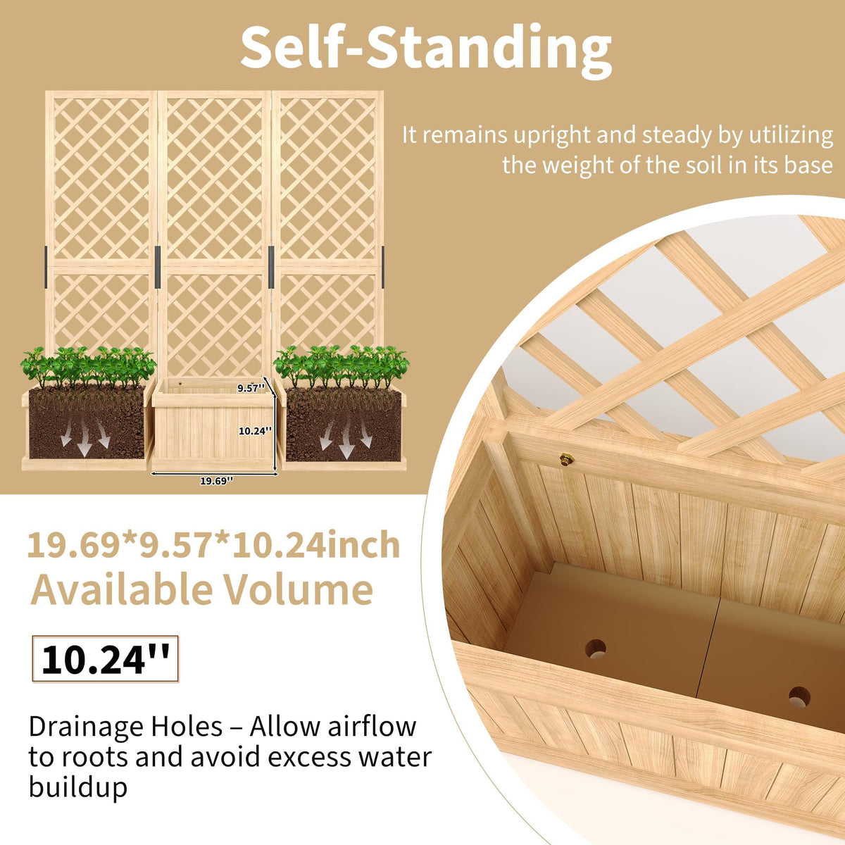 Wooden Planter Box Privacy Screen, Freestanding Cedar Outdoor Privacy Fence with Built-in Planters, Folding Patio Divider Panel with Drainage for Backyard, Balcony, Deck and Garden, Decorative Fences