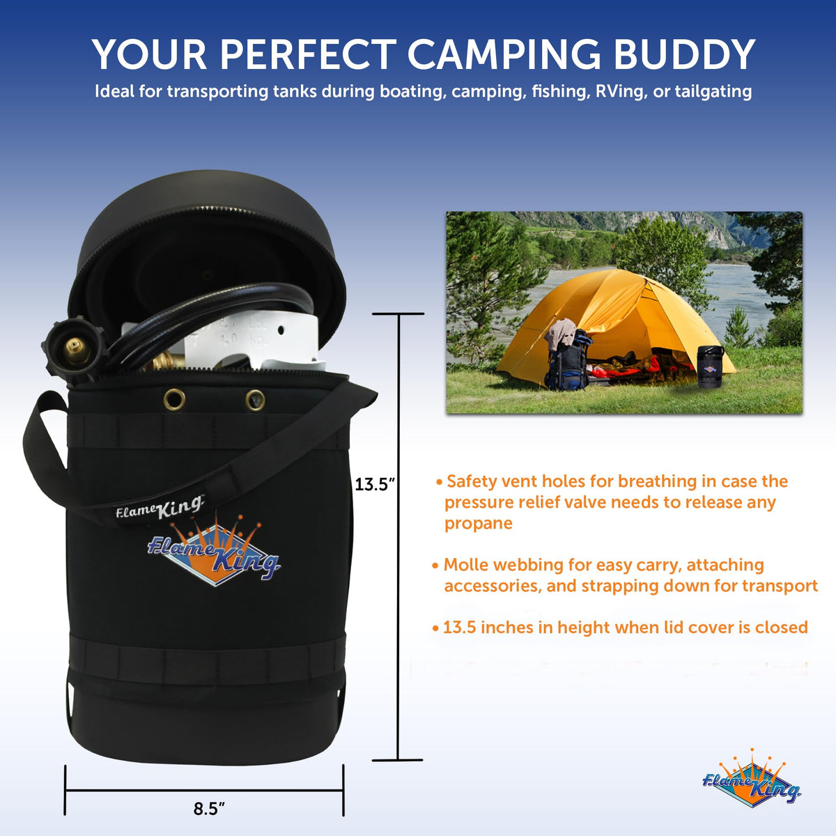 Flame King Gas Hauler Kit - Insulated Protective Carry Case, 5LB Propane Tank and Adapter Hose for Camping and Outdoor Adventures, Black/White