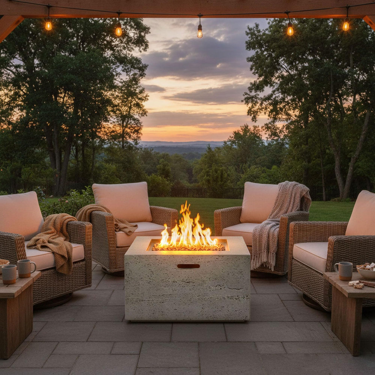 GDFStudio MgO Lightweight Square Propane Fire Pit Table, 40000 BTU Outdoor Propane Fire Pit with Steel Burner, Adjustable Flame Control, Lava Rocks & Rain Cover, Patio Backyard Deck Poolside, Gray