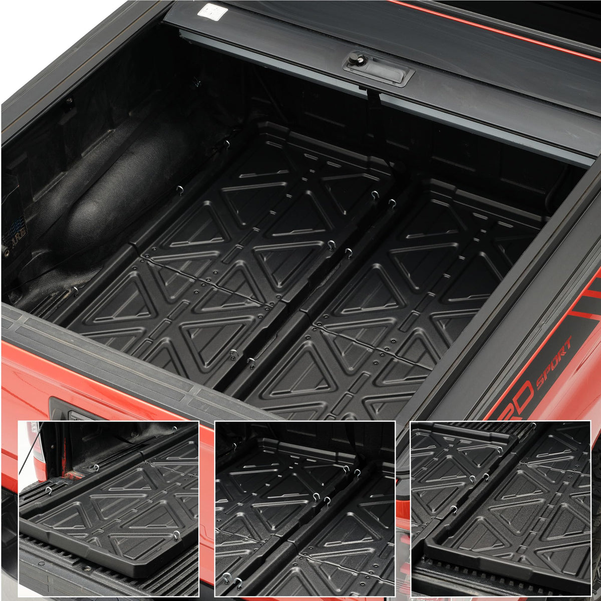 KOKSHELY Truck Bed Slide Out Cargo Tray, 56" L x 42.9" W Size Slide-Out Truck Bed Organizer Tray for 5’+Long Beds, Sliding Truck Organizers and Storage Tray with Open Hooks & Elastic Cargo Net
