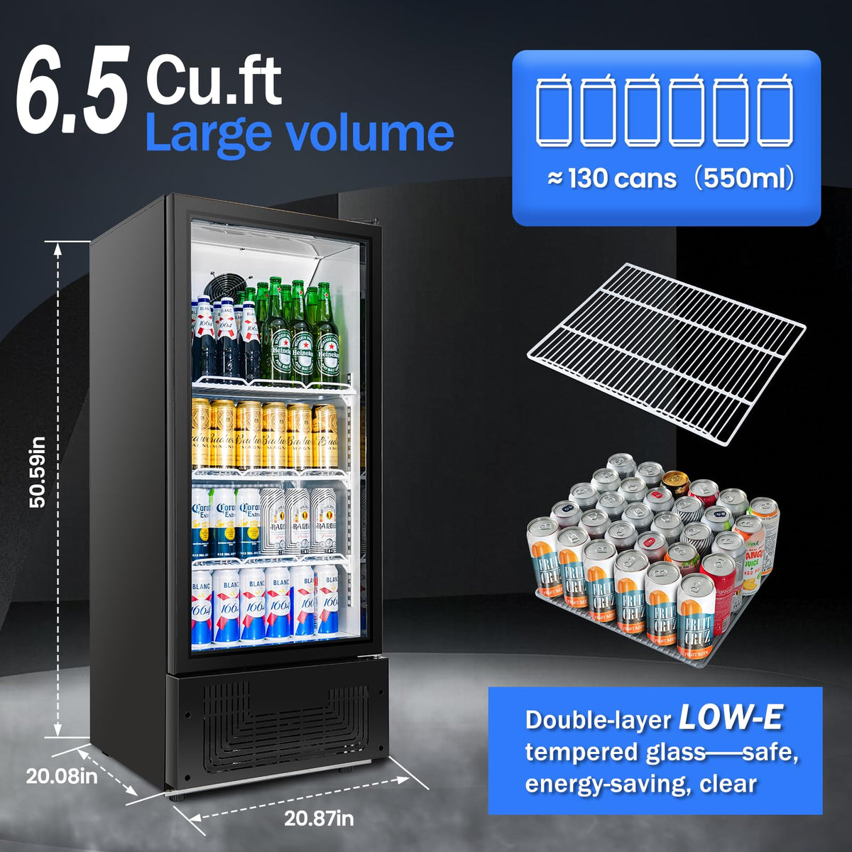 BINGERMA 6.5 Cu.Ft Commercial Beverage Refrigerator Glass Door Upright Drink Cooler Display Fridge with Adjustable Shelves and LED Light for Restaurant Bar Store Office