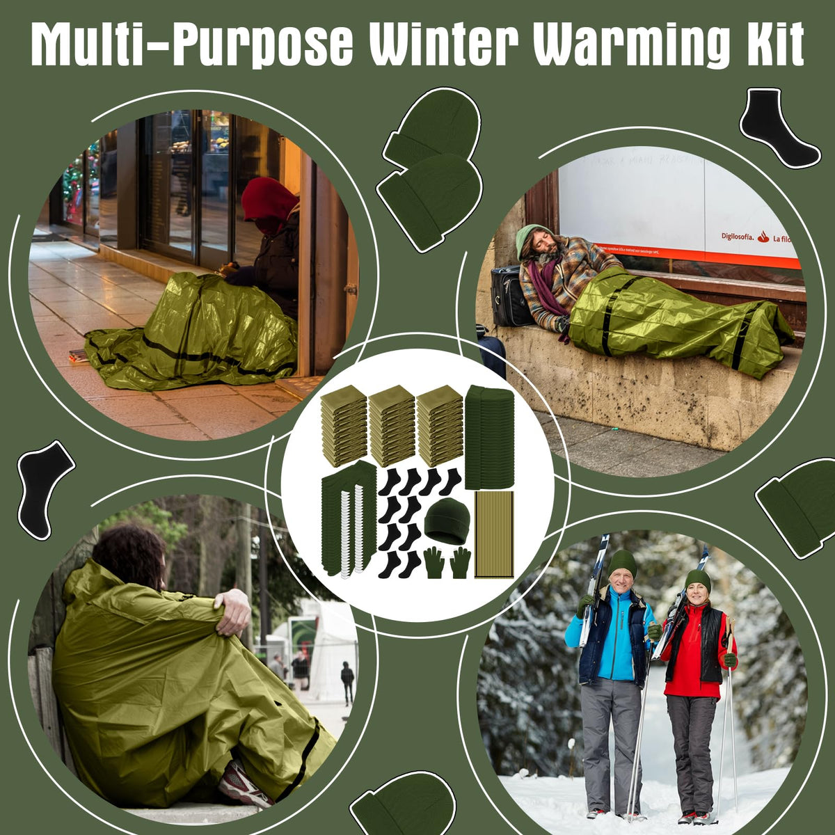 Chicingyou 120 Pcs Homeless Care Package Supplies Bulk Winter Emergency Thermal Blankets Warmer Beanie Socks Touchscreen Gloves for Men Women Cold Weather Outdoor Survival Kits (Green,Black)