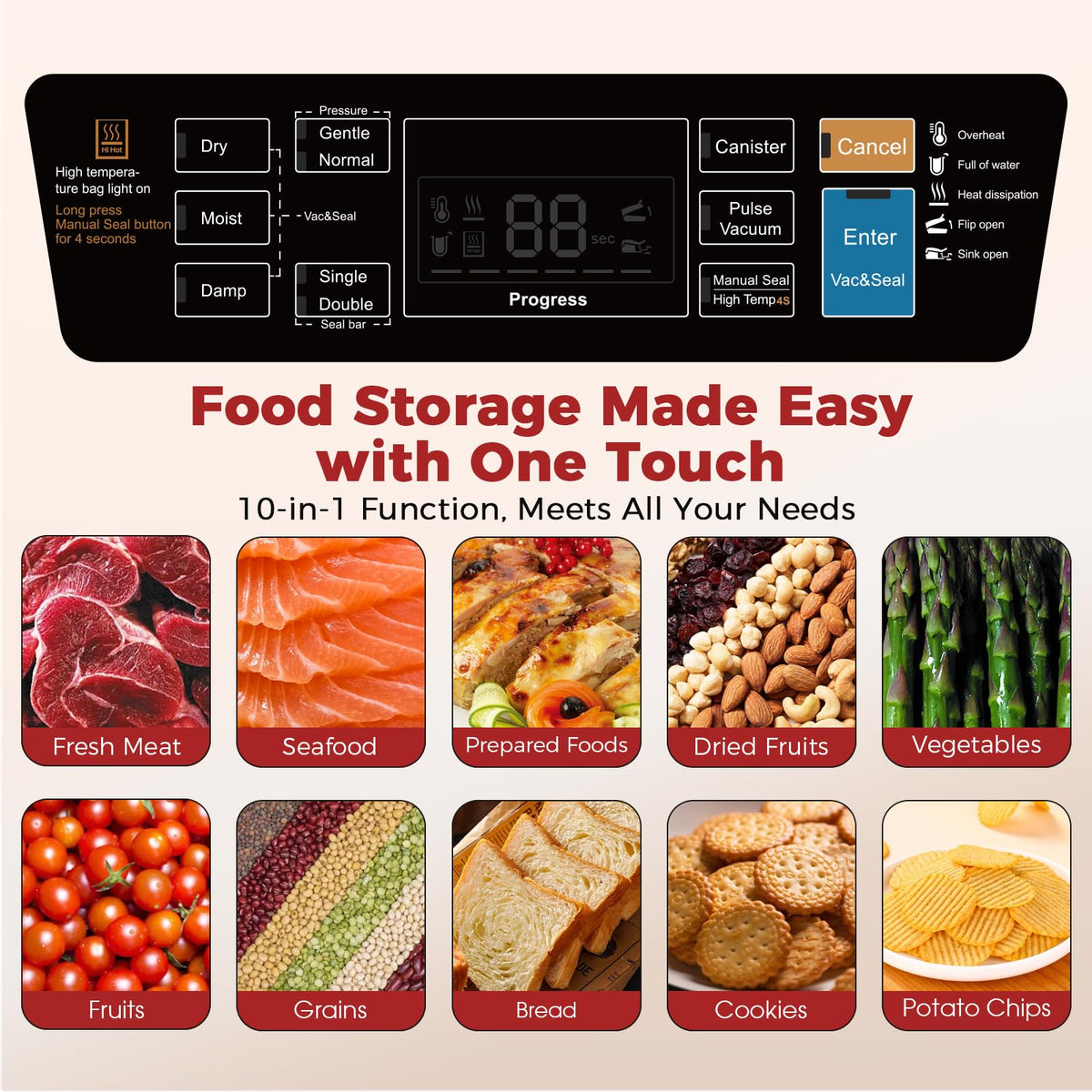 95KPa Vacuum Sealer Machine for food,Full Automatic with Double 12mm Heat Seal, 10in 1 Modes, Built in Cutter & Bag Storage, Includes 1 Roll and 10pcs Pre cut Bags