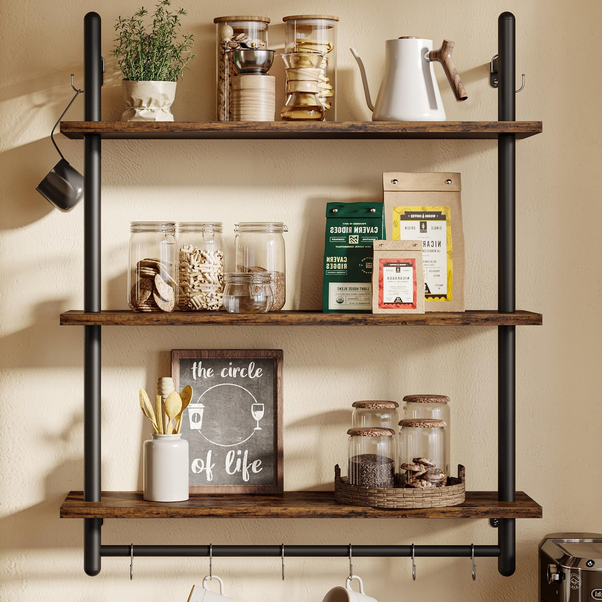 Bestier Floating Pipe Shelving Kitchen Shelves, 31" Wall Mounted Shelf 2 Tier & 3 Tier Bundle, Rustic Brown