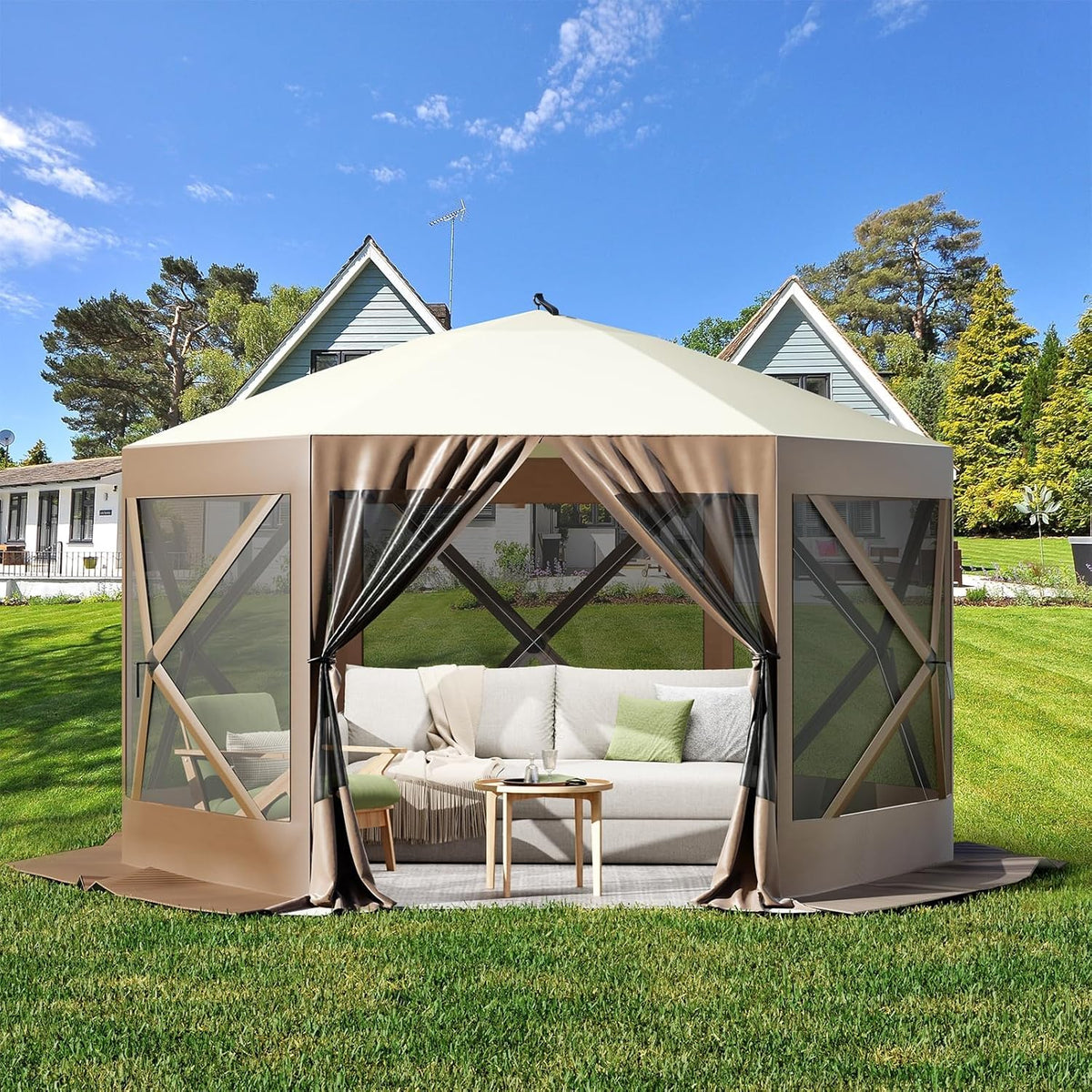 GAOMON 12x12ft Camping Gazebo, Portable Pop Up Canopy Screen Tent 6 Sided with Mesh Windows and Carry Bag for Camping, Outdoor, Picnic, Backyard Party Outside Activities, Gray
