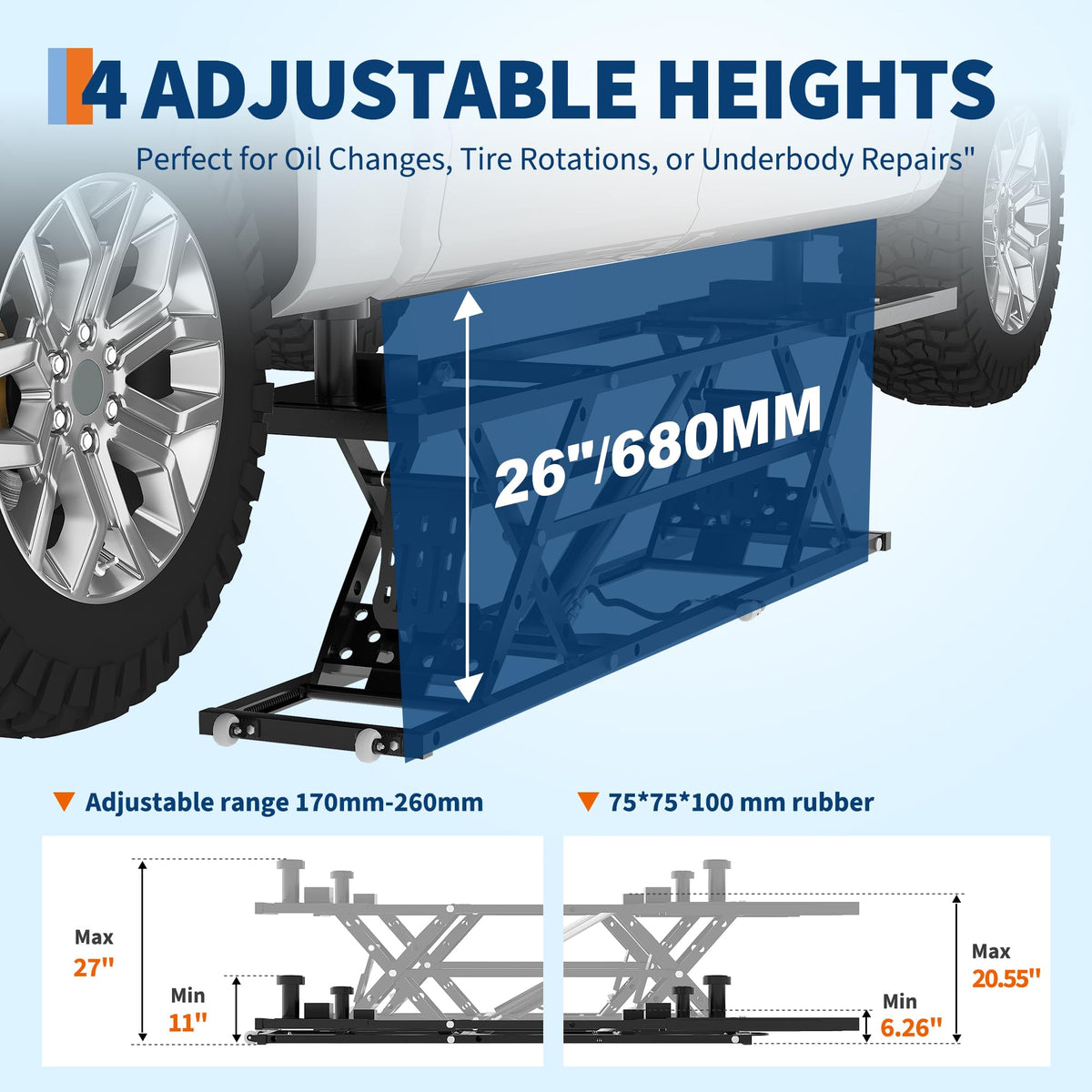 GarveeTech Portable Car Lift 7000LBS, Heavy-Duty Carbon Steel Auto Lift Jack for Garage & Shop, Adjustable Height 6.26"-27", with Extension Plates & Safety Locks, Fits Trucks, SUVs, Sedans