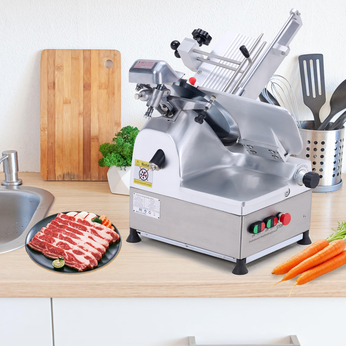 550W Commercial Meat Slicer, Automatic Meat Slicer Machine, Frozen Meat Deli Slicer with Adjustable Thickness From 0 to 15mm for Commercial and Home Use, Low Noise