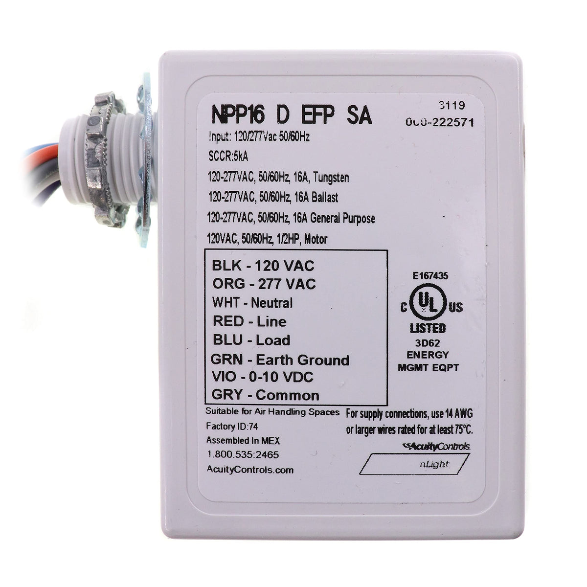 SENSOR SWITCH NPP16-D-EFP-SA 120-277 Volts, 14-122 Degree F, DIMMING, External Fault Protection, J-Box Mount, Power Relay, THERMOPLASTIC, White