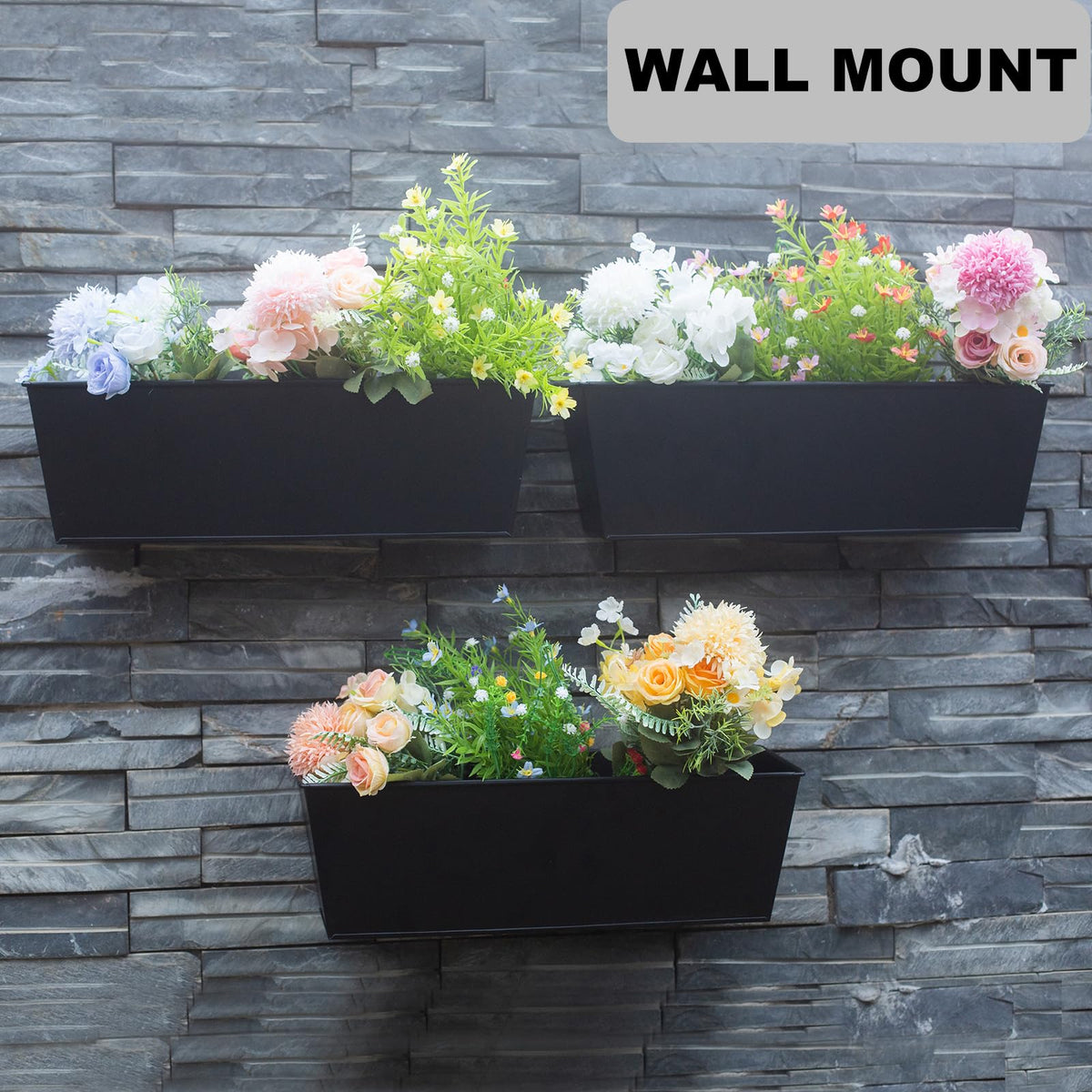 Holensun Wall Hanging Planters for Outdoor Plants 16 Inch Large Metal Fence Pots with Hooks for Outside Garden Balcony Plants 3PCS（Black）