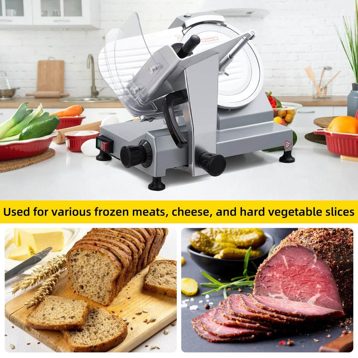 GarveeHome Electric Meat Slicer, 10 in Commercial Meat Slicer with Carbon Steel Blade, Stainless Steel Food Slicer, Meat Cutting Machine 0-0.6 in Adjustable Thickness for Meat Cheese Veggies, 240W