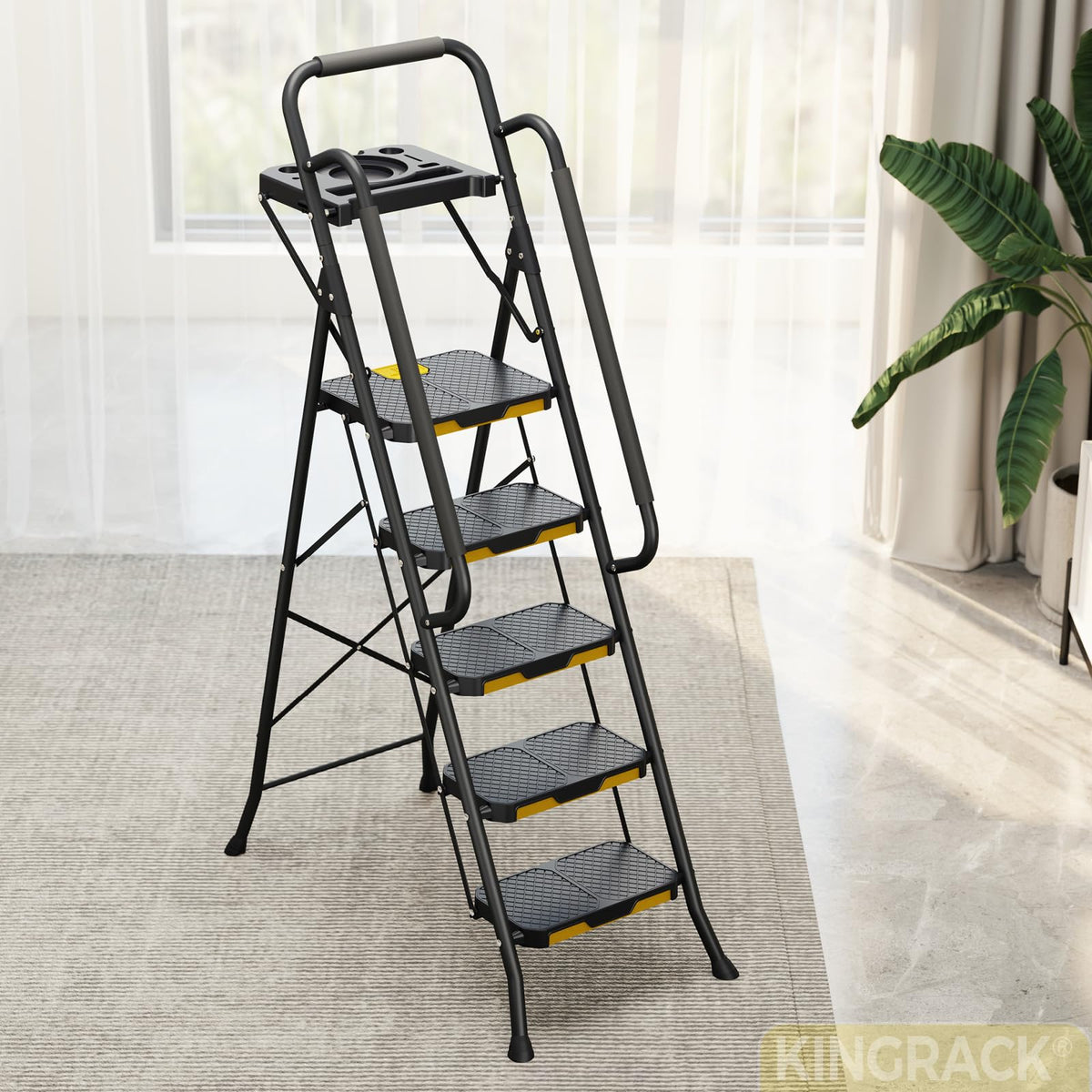 KINGRACK 5 Step Ladder, Sturdy Steel Step Stool with Anti-Slip Wide Pedals, Handrail, Safe-Lock Design, 800lbs Folding Portable Ladder for Multi-Purpose, Home, Kitchen