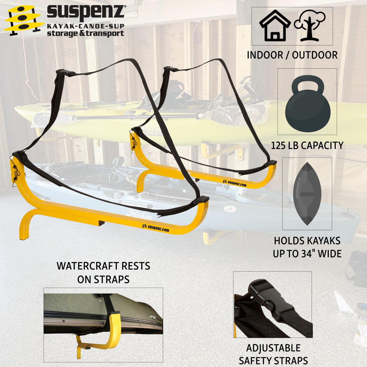 SUSPENZ Kayak Storage Rack, Flat Wall Hanger/Hook for Canoe, Kayak, SUP Storage, Indoor & Outdoor Use, Safety Straps, Holds 125 lbs (11-8801)