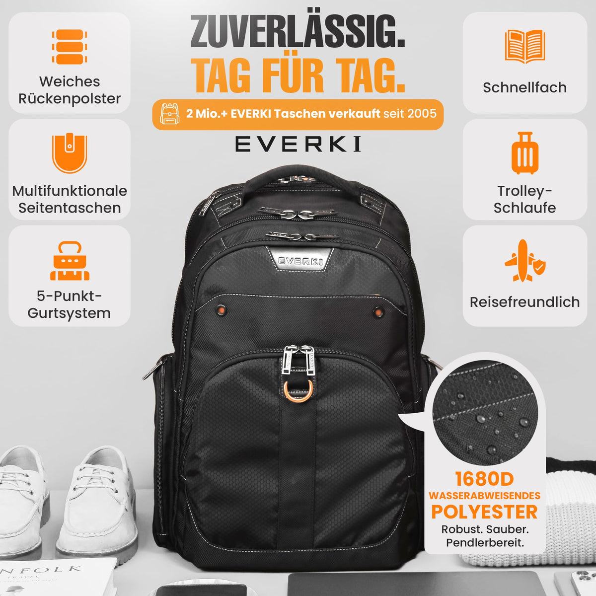 EVERKI Atlas Business Laptop Backpack (EKP121) with Black Rain Cover - Men's Backpack with 13"-17.3" Compartment, 32L Capacity - Travel-Friendly Backpack & Rain Cover Bundle