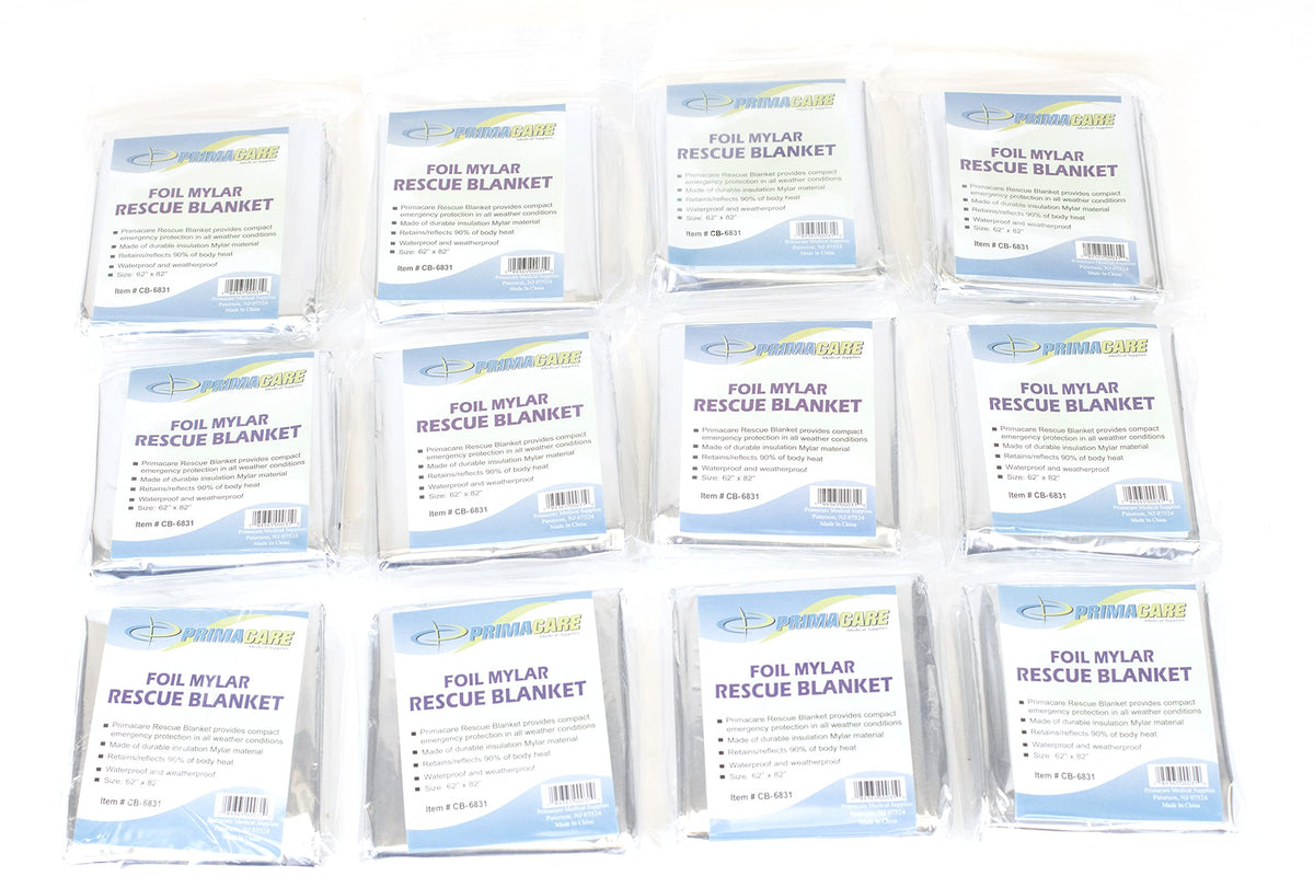 Primacare CSCB-6831-CS Emergency Mylar Thermal Foil Blanket, 16 Packs of 12= 192 Units, Silver