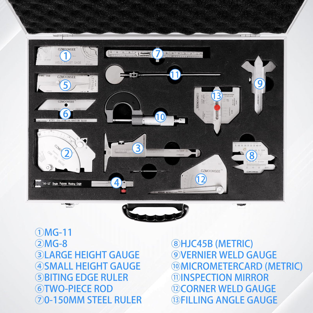 CZMOONSEE 13 Piece Combination Welding Measurement Toolbox Set Stainless Steel Weld Inspection Tool, Welding Weld Inspection Ruler, Corner Weld Gauge