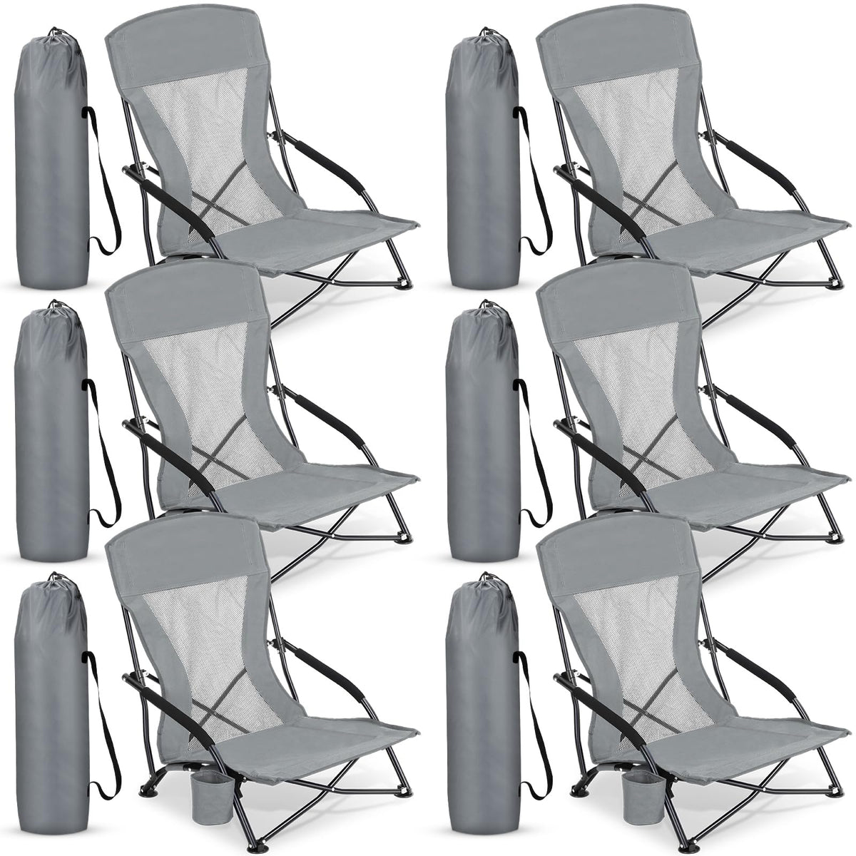 Menkxi 6 Pack Low Beach Chairs for Adults, Portable Folding Sand Chairs with Cup Holder and Carry Bag, Lightweight High Back Camping Chair for Beach Trips, Concerts, BBQ, Lawn, Outdoor (Dark Grey)