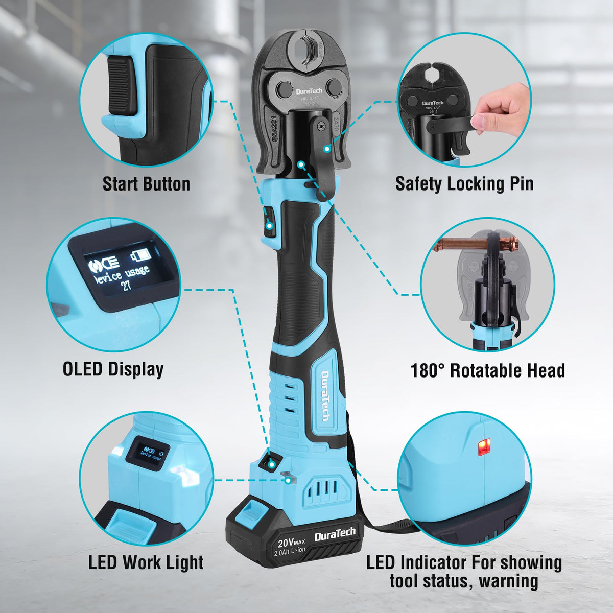 DURATECH 20V Brushless Copper Pipe Crimping Tool, 24KN Electric Press Tool with 1/2", 3/4", 1" VUS Jaws, LED Display, Work Light, 180° Rotating Head, Cordless Battery Crimper for Plumbing