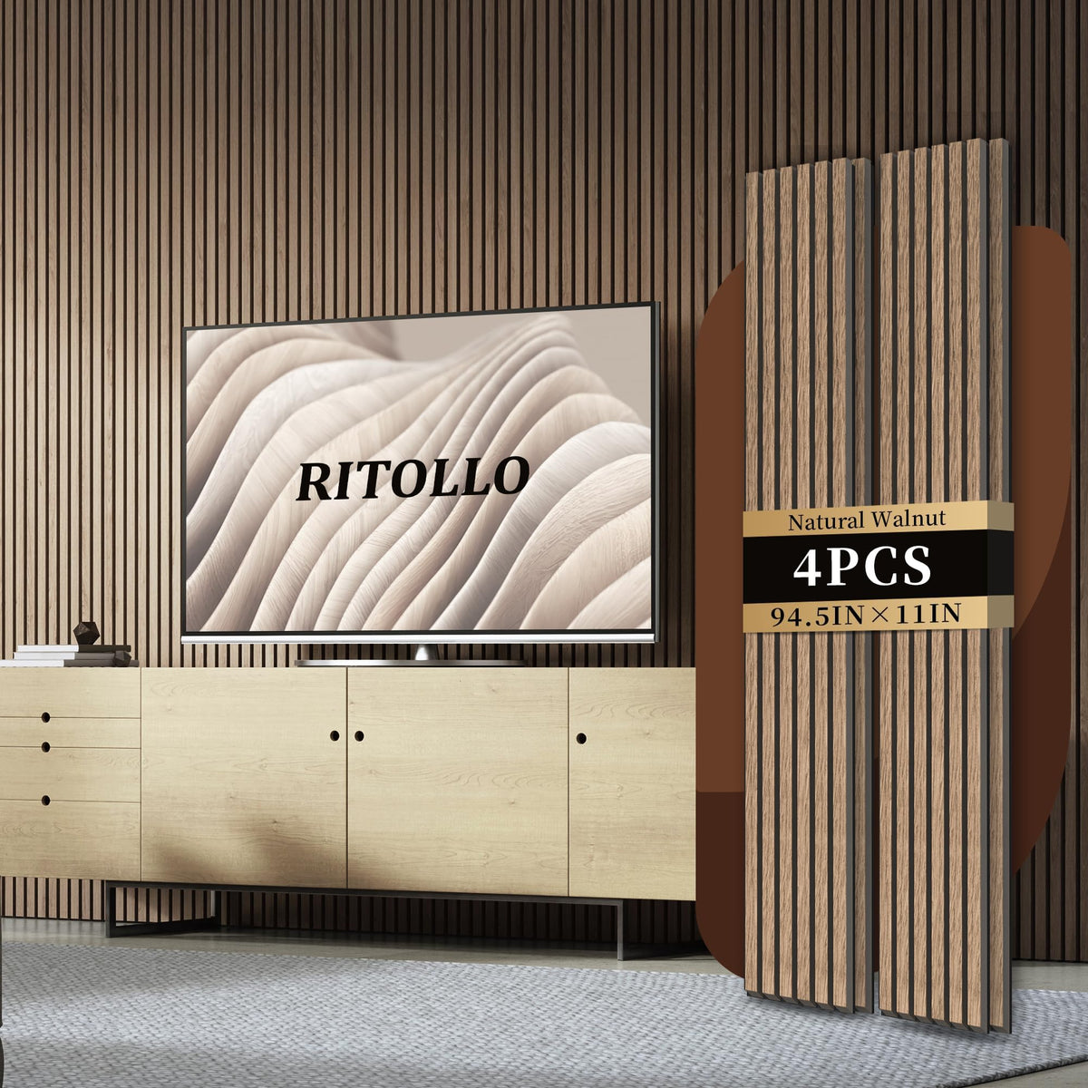 RITOLLO 4-Piece Wood Slat Panels for Wall 94.5"×11" Acoustic Panels for Interior Wall Decor 3D Fluted Sound Absorbing Panel - Natural Walnut