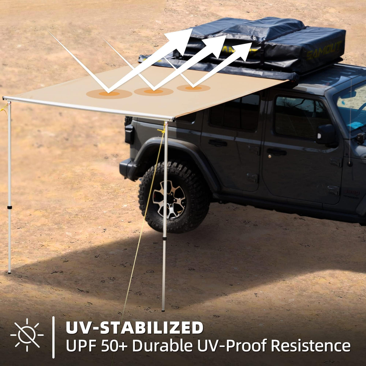 SAMOUT Vehicle Awning, 6.6ft x 10ft, Rooftop Pullout Ripstop UPF50+ Side Awning, Reinforced Hinges & Poles for Jeep/SUV/Truck/Van