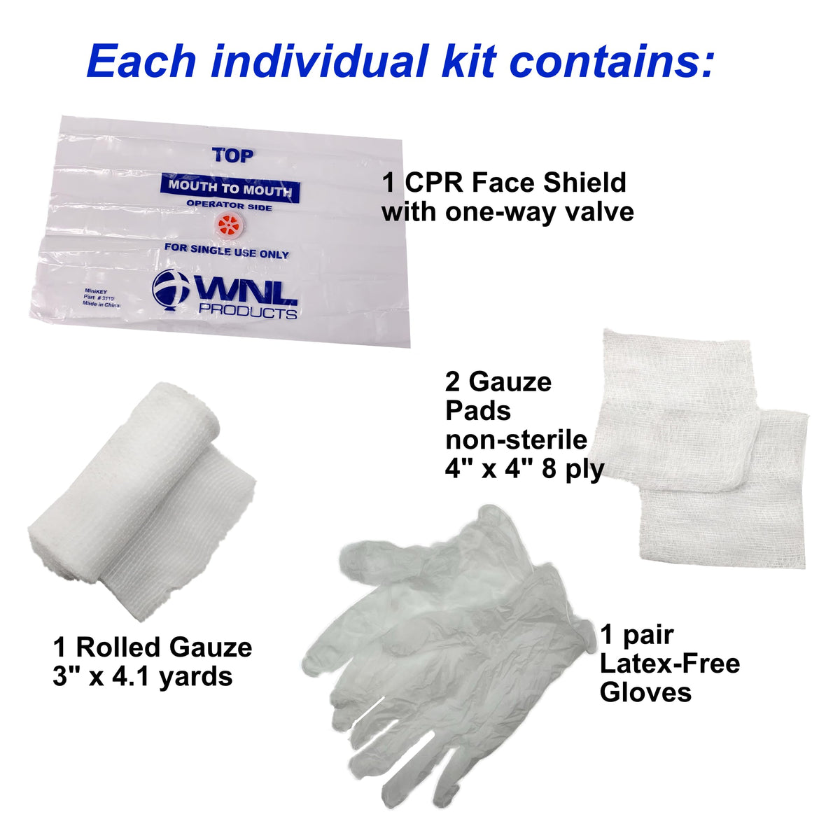 WNL Products 1402SF 100 Pack First Aid & CPR Training Kits for Students, Includes CPR Training Face Shield, Guaze Pads, Latex-Free Gloves & Bandages, 100 Pack