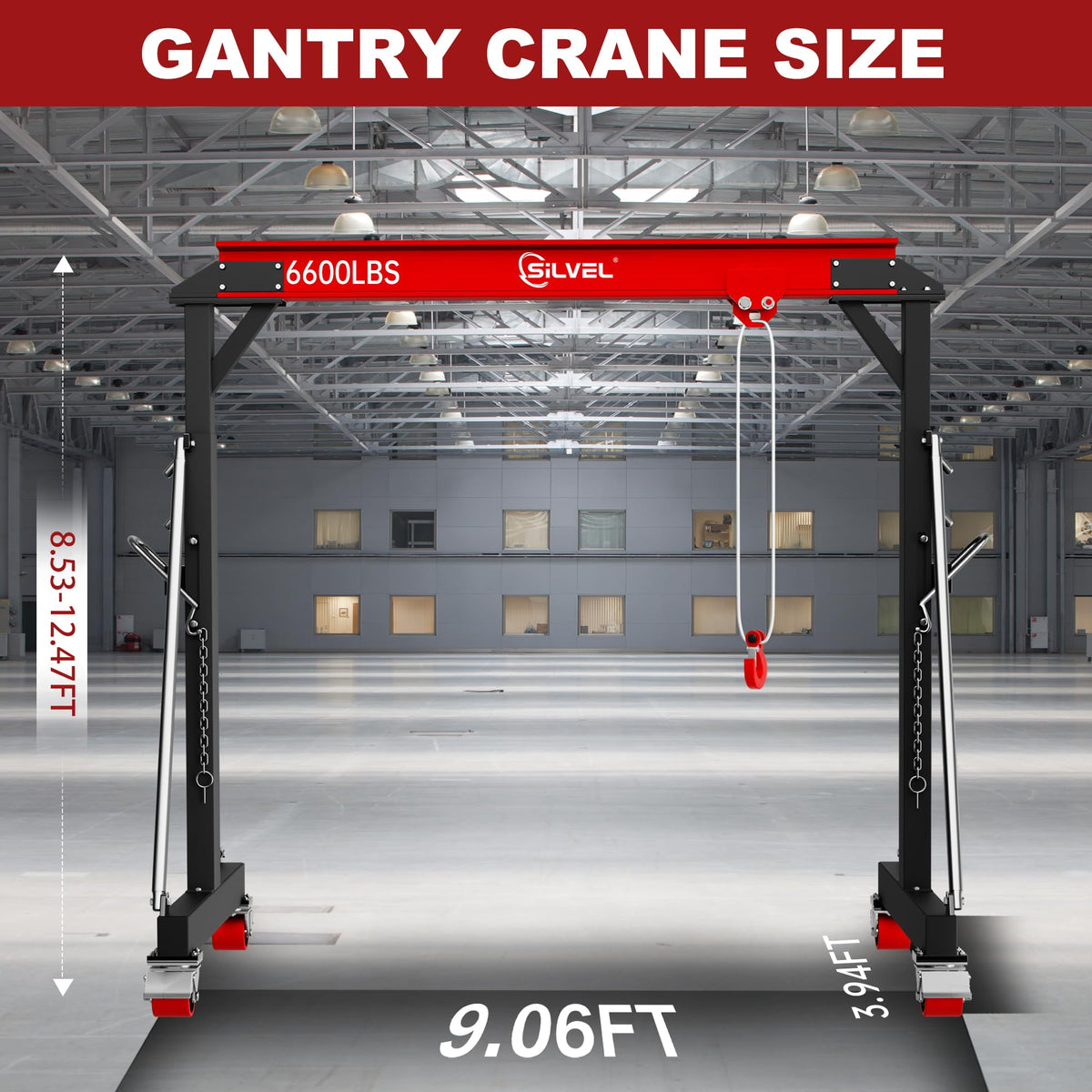 SILVEL 3 Ton Gantry Crane, Max 6600Lbs 8.53FT Maximum Capacity Width, Adjustable Height 8.53-12.47FT, Portable Shop Lift Hoist with 3 Ton Manual Trolley for Factories, Warehouses, Garage, Red