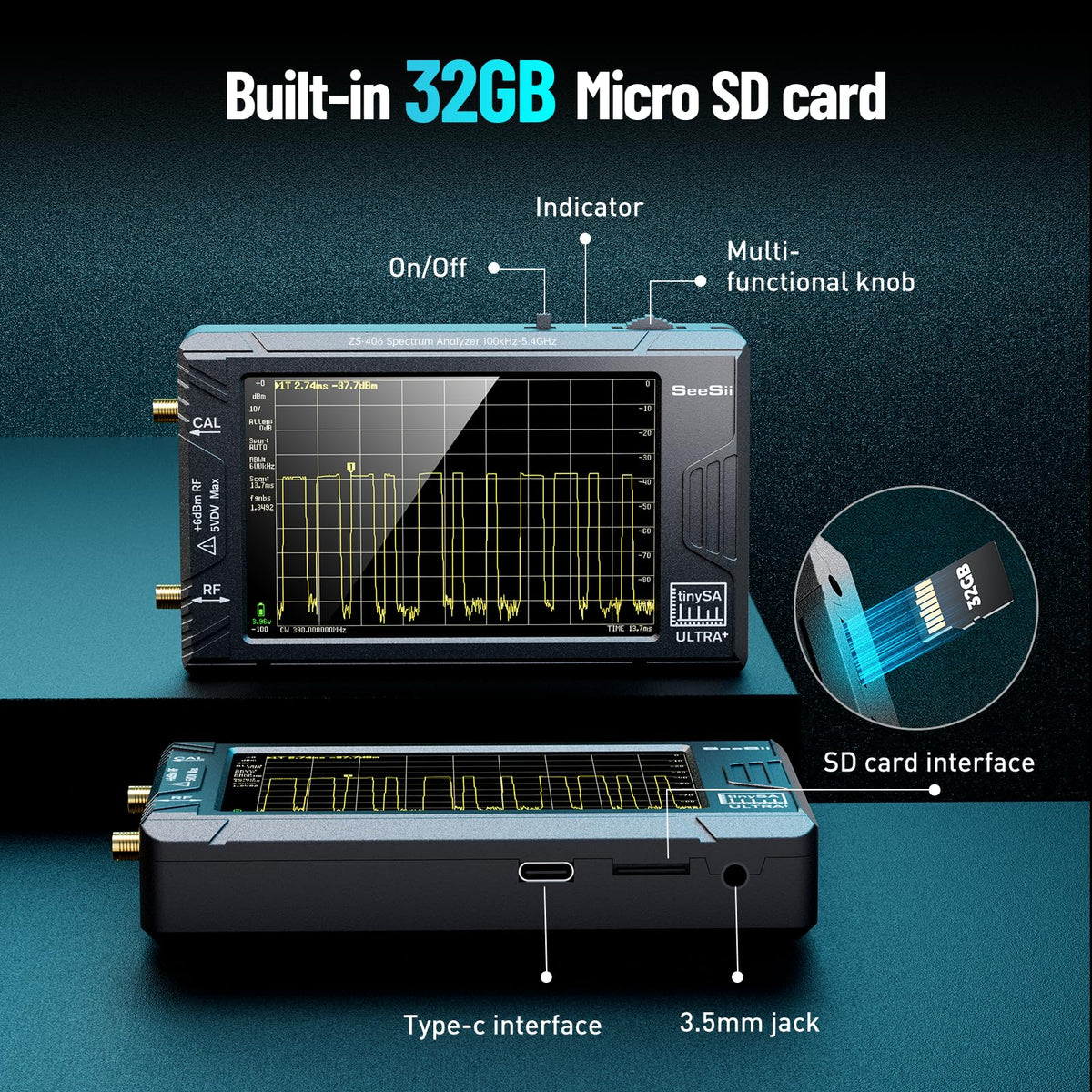 SeeSii TinySA Ultra+ ZS406 Spectrum Analyzer with 50W Attenuator, 4.0 Inch 100kHz to 5.4GHz Handheld Tiny Frequency Analyzer with 32Gb Card,100kHz to 800MHz MF/HF/VHF UHF Input, 2025 Upgraded