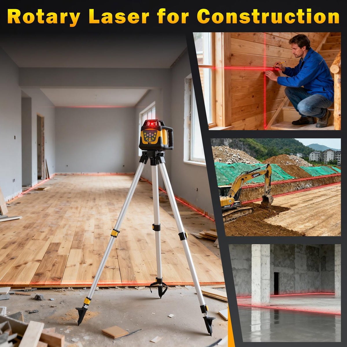 Red Rotary Laser Level 2000ft, 360 Degree Self Leveling Laser Level Kit with Receiver Remote Control and Surveying Tripod 16.4ft Staff, 5 Rotation Speeds& 4 Angles Adjustment,IP66 Waterproof.