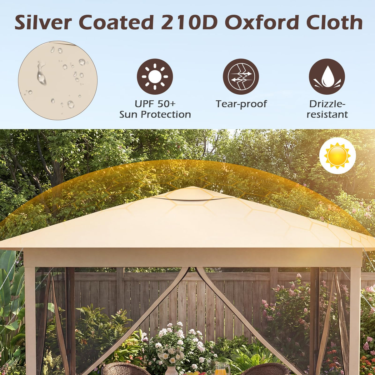 Happygrill 11.5 X 11.5 FT Pop-up Canopy Tent, One-Person Easy Setup Outdoor Screen Gazebo w/Mesh Netting, Vented Top, 4 Doors, Carry Bag, Portable Heavy-Duty Sun Shelter for Party Picnic (Beige)