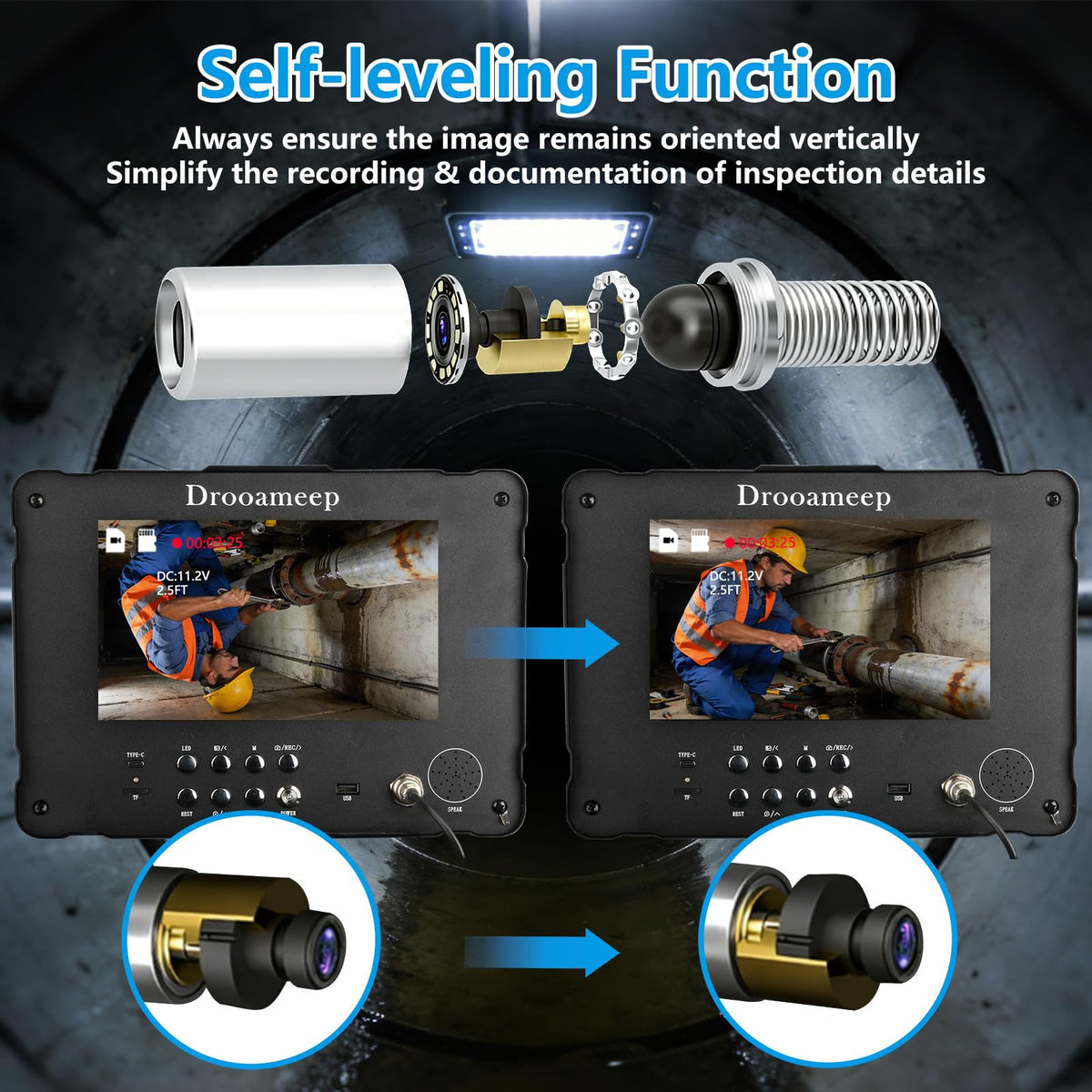 Drooameep Sewer Camera 100ft, Self Leveling Drain Camera, Plumbing Camera with 512Hz Sonde, Video & Voice Recorder, 3X Zoom, 9" Screen, 10000mAh, IP68, 32GB, 8 LED, for Drain Sewer Duct Plumbing