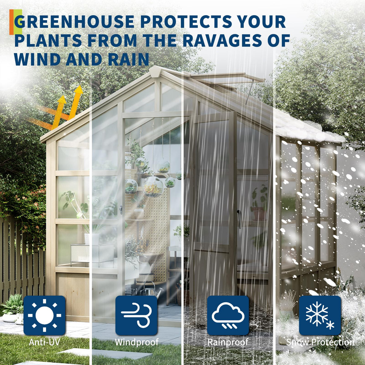 6x8FT Greenhouses for Outdoors, Wooden Greenhouse with Lockable Door, Wood Frame & Adjustable Vent, Polycarbonate Panel Heavy Duty Greenhouse for Outside, Garden, Yard, Light Brown