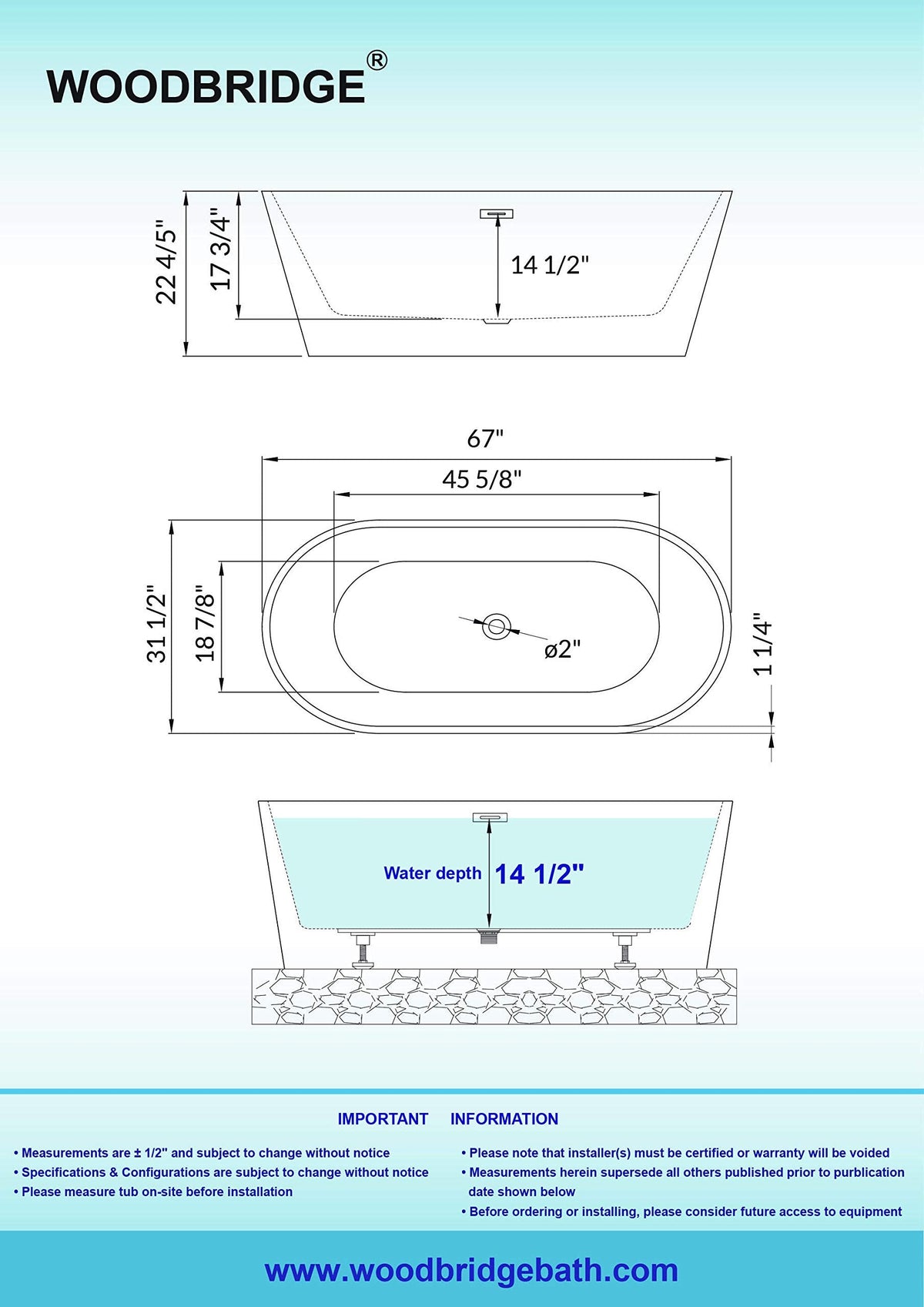 WOODBRIDGE 67" Freestanding Acylic Soaking Bathtub with White, Drain and Overflow inMatte, BTA1513-MB-Drain &O+ Pillow, Matte Black