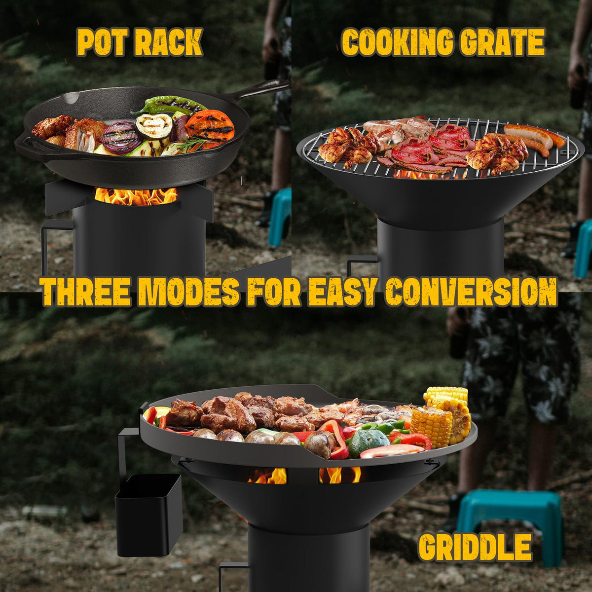 ONLYFIRE GRILLS 3-in-1 Camp Rocket Stove Kit with BBQ Grate, Griddle, Pot Rack, Portable Wood Burning Stove with Detachable Stand, Camping Gear for Outdoor Cooking Patio Barbecue RV Tailgating, GS345