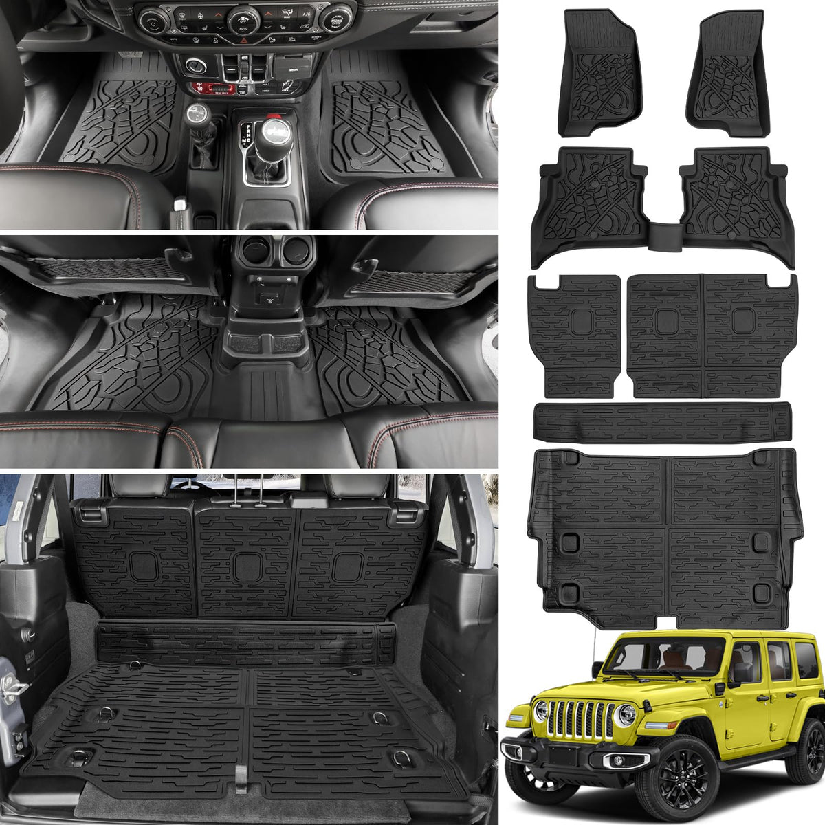 JTYZSM Cargo Mats for 2021-2024 2025 Jeep Wrangler JL 4XE Only,Floor Liners with Trunk Mat Backrest Mat All Weather TPE Protector Rear Floor Trunk Liners for 21-25 Wrangler JL 4XE 4 Door Accessories