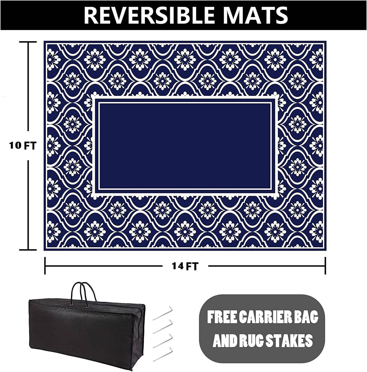 HUGEAR Patio Rug 10'x14' Waterproof Outside Area Rugs Reversible Blue Outdoor Plastic Straw Carpet for RV Deck Camping Entryance Porch Picnic Balcony Beach