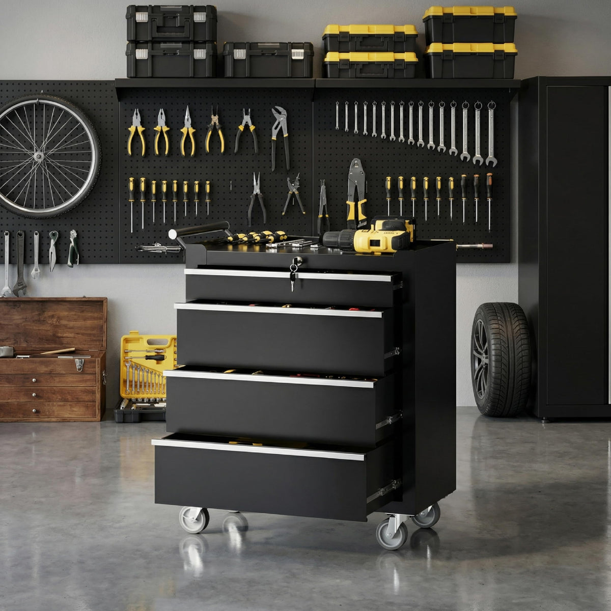 Garvee Rolling Tool Chest, 4 Drawers Tool Storage Cabinet, Toolbox with Wheels, Portable Tool Cabinet Organizer with Locking System & Drawer Liners, Tool Storage Cart for Garage, Workshop, Black