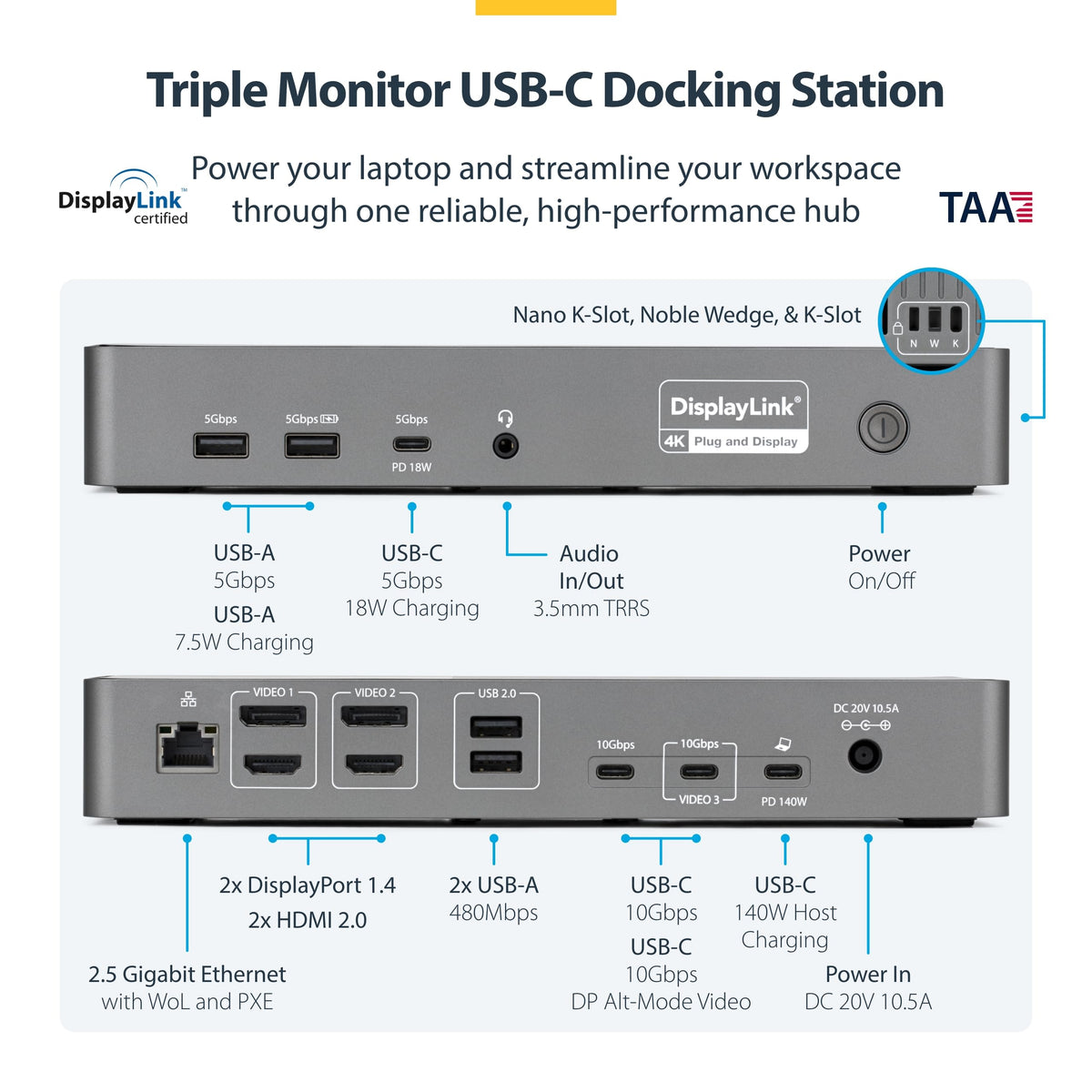 StarTech Triple Monitor USB-C Docking Station, 4K 60Hz DisplayLink Dock for MacBook M1 M2 M3 M4 & Windows, 2.5GbE, 2X HDMI & 2X DP, 140W Laptop Charging, USB-C DP Alt Mode - TAA