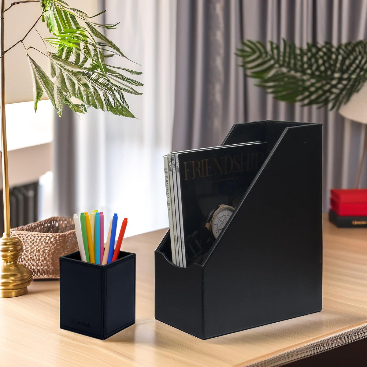 UnionBasic Magazine File Holder, Leatherette Desktop Document Organizer, Home Office Paper Holder File Storage Literature Sorter, Black