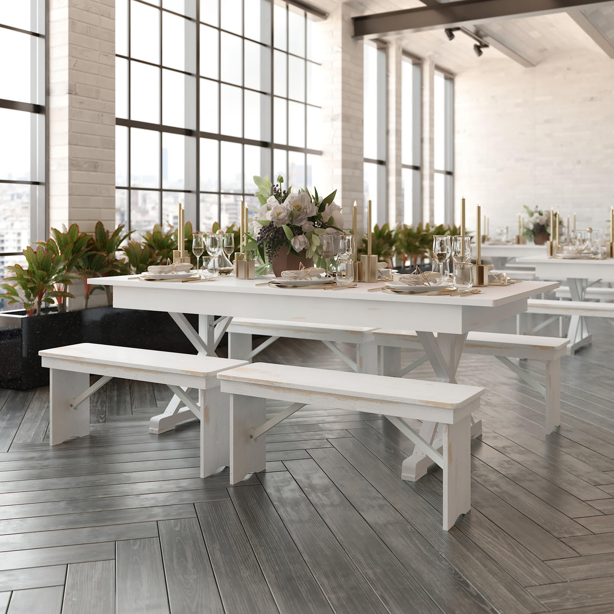 Flash Furniture Hercules Folding Farmhouse Dining Room Table with X Legs, Commercial Grade Rectangular Solid Pine Farm Table for 8, 7' x 40", Antique Rustic White