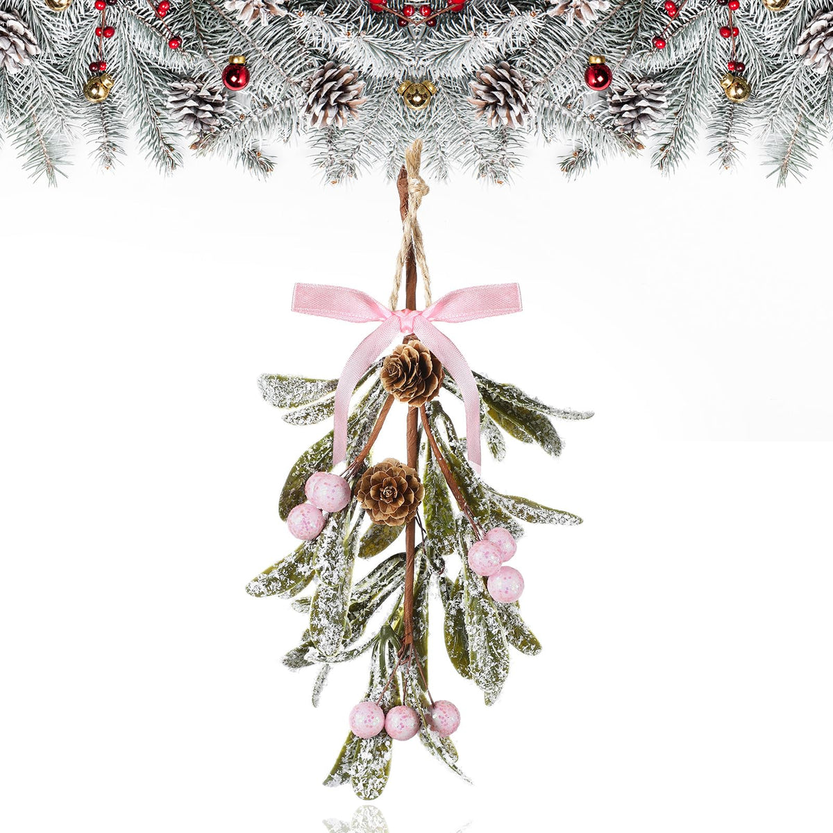 Giegxin 1 Piece Christmas Artificial Mistletoe Ornament with Red Bow Christmas Hanging Mistletoe Decoration Bouquet Floral Natural Pine Cones Holiday Decoration Ornament Bouquet (Pink Style)