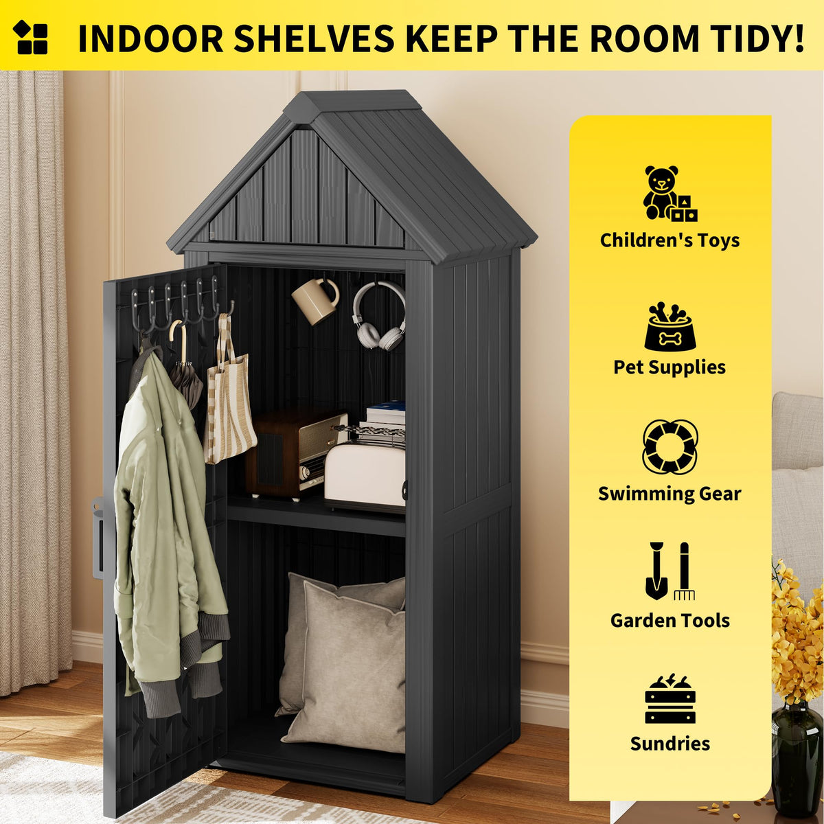 Fancyango Outdoor Resin Storage Cabinet Sturdy All-Weather Shed with Removable Shelves Lock Ring & Reinforced Floor – for Garden Patio Lawn (Black1)