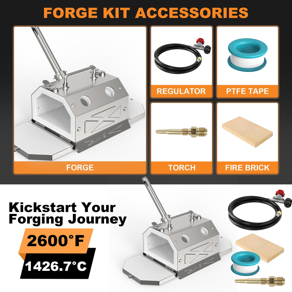 Nelyrho Blacksmith Forge Starter Kit, Double Door, Made of Stainless Steel, with 30PSl Requlator,for Blacksmithing and Knife Making Equipment Forging Melting Casting (1 Burner)