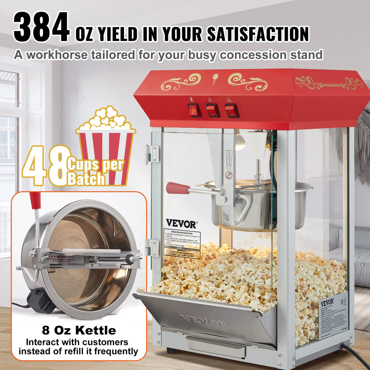 VEVOR Electric Cotton Candy Machine, 1000W Commercial Floss Maker with Stainless Steel Bowl & Commercial Popcorn Machine, 8 Oz Kettle, 850 W Countertop Popcorn Maker for 48 Cups per Batch