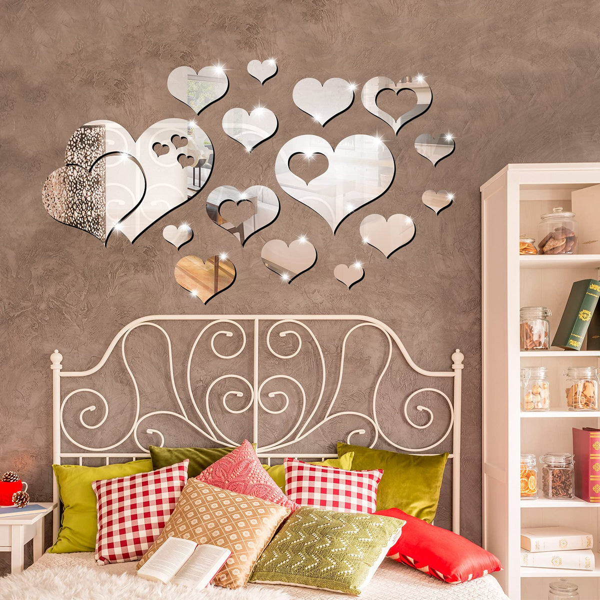 Zonon 17 Pieces Heart Mirror Wall Decal 3D Acrylic Heart Mirrors Wall Art Decor Removable Sticker for Living Room Bedroom Home Decoration