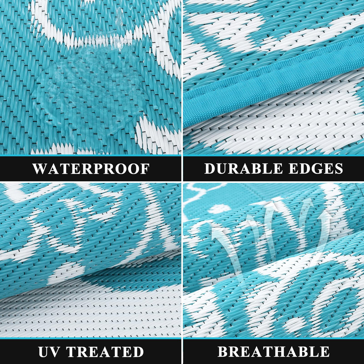 Pauwer Waterproof Outdoor Rug 10x14, Reversible Plastic Straw Patio Camping Rug, Indoor Outdoor RV Mat Carpet for Deck, Camper, Porch, Balcony, Backyard, Picnic, Boho Teal