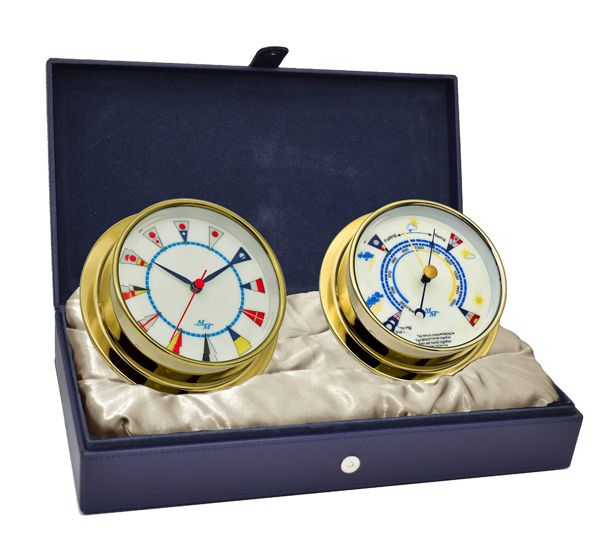 MASTER-MARINER American Voyager Collection, Nautical Cabin Gift Set, 5.75” Diameter Clock and Barometer Instruments, Gold Finish, Ivory Signal Flag dial