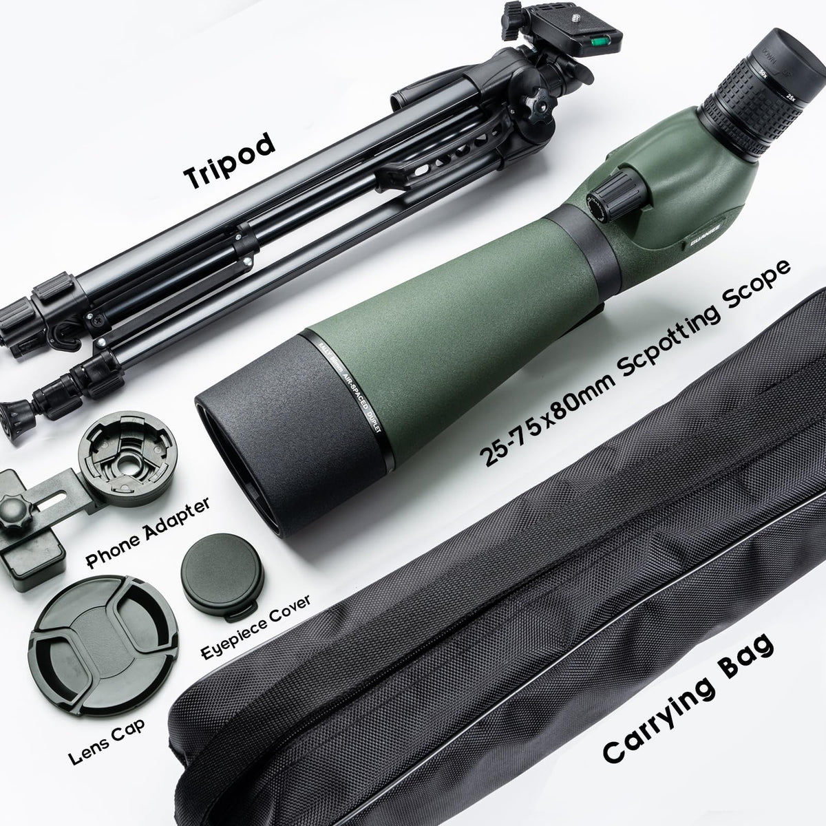 25-75x80 Spotting Scope with Full Size Tripod Carrying Bag and Phone Adapter Spotter Scope for Target Shooting for Bird Watching Wildlife Viewing Green