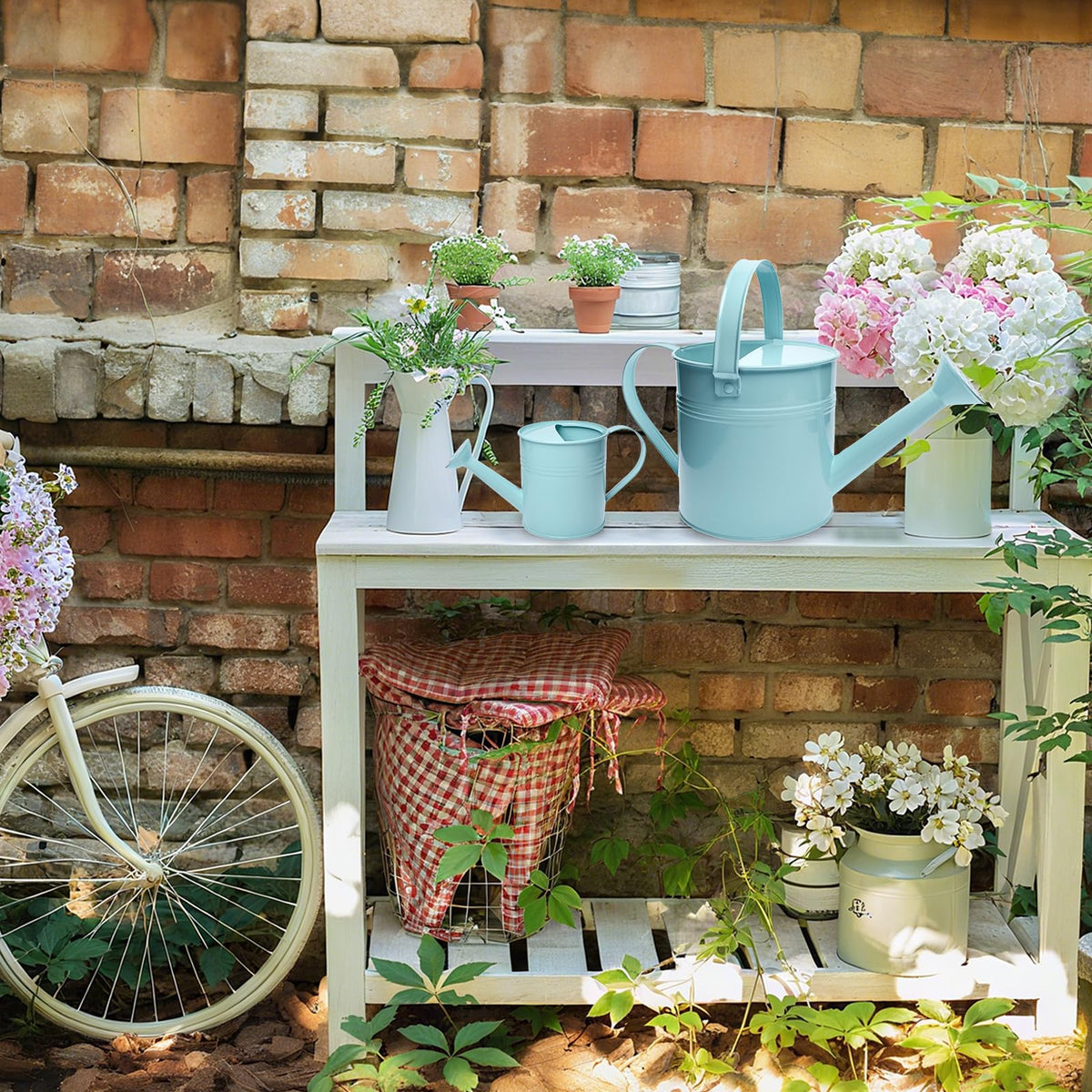 Small Metal Watering Can Set, Pink, 1.2L and 0.23L Garden Cans with Long Spout, Indoor Outdoor Plant Care (Green Blue)