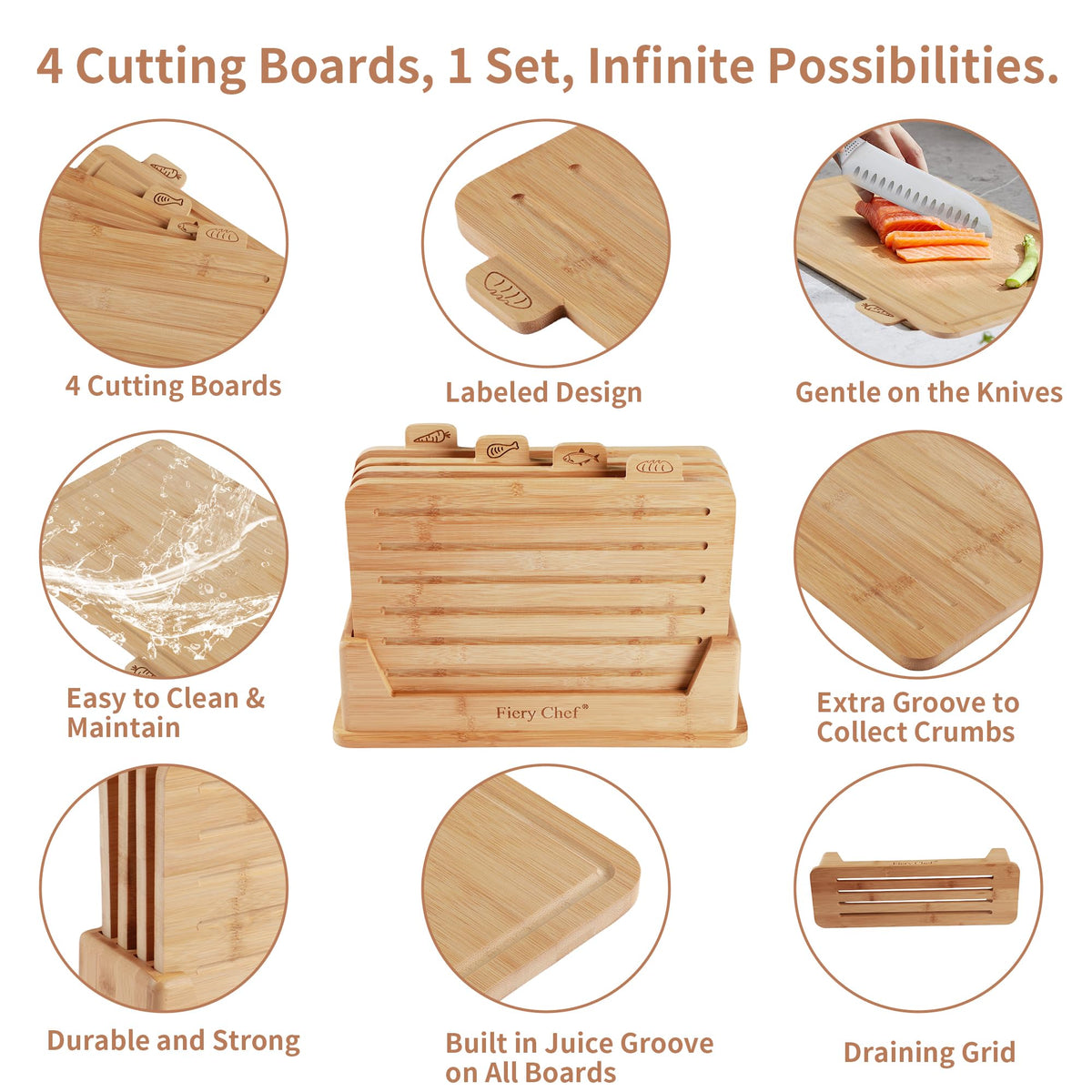 Fiery Chef 14.56"L x 11"W Bamboo Cutting Board Set of 4 - Wood Cutting Board Set with Holder, Chopping Boards Set with Food Icons, Juice Groove - Ideal for Meat, Fish, Bread, Vegetable, Fruit Chopping
